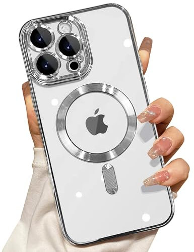 Misscase für iPhone 15 Pro Max Hülle 6.7 Zoll, Farbe Elektroplattiert Rahmen Transparente Rückseite magnetisches TPU Handyhülle Kompatibel mit MagSafe, Militärnorm Schutz, Kratzfeste Stoßfest -Silber