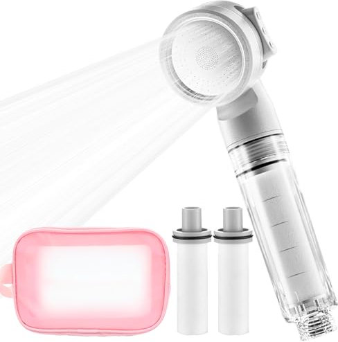 Filtered Shower Head High Pressure Detachable Handheld Shower Heads 3-Spray Modes Shower Heads with 3 Carbon Filter & Storage Bag for Hard Water Residual for Home Travel Hotels Business Trips White