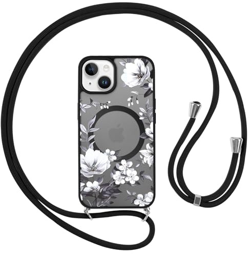 Yoedge Magnetische Handykette Handyhülle für iPhone 14/iPhone 13 6,1 Hülle mit Band, Kompatibel mit MagSafe, Aesthetic Blumen Muster Transluzente Case mit Kordel, Silikon Dünn Stoßfest Cover, Schwarz