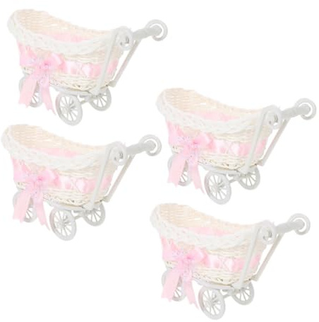 SOLUSTRE 4 Stück Teiliges Mini Candy Körbe aus Robustem Geflochtenem Rattan Süßer Puppenwagen Stil für Shower Hochzeit und Partydekoration Vielseitig Einsetzbar für Süßigkeiten Blumen und