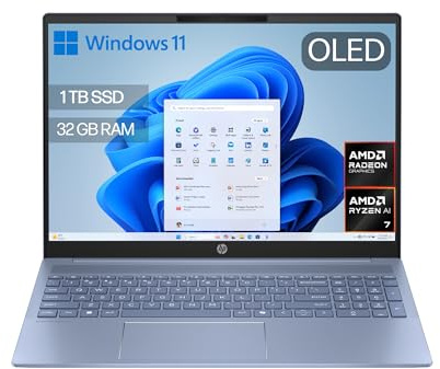 HP OmniBook 5 40,6 cm (16 Zoll) OLED Laptop (AMD Ryzen AI 7 350 Prozessor, 32 GB RAM, 1 TB SSD, AMD Radeon 860M, Windows 11 Home), Blau, spanische QWERTY-Tastatur