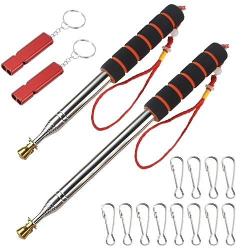 TTYSHIP® 2 Pezzi Asta Bandiera Telescopica, 3m/2m Asta Telescopica per Bandiera in Acciaio Inox con 12 Clip e 2 Fischietti per Guide Turistiche, Campeggio, Insegnanti