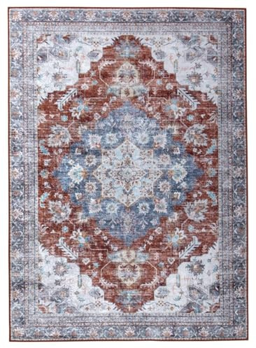 Tappeto Lavabile Vintage Orientale - Design Medaglione Rosso Multicolore | Ideale per Soggiorno, Sala da pranzo, Camera da letto | Morbido, Resistente e Lavabile in Lavatrice 120x60cm