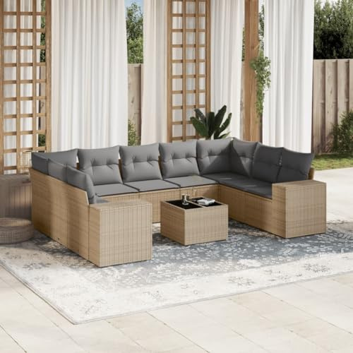 Holamys 10-TLG. Garten-Sofagarnitur, Beige Poly Rattan, mit Stauraum, Hartglas-Tisch, Modulares Design für Outdoor-Patio-Möbel, UV-beständig