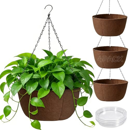 T4U Hanging Baskets Outdoor 4 Pack 25.5cm, Breathable Fabric Hanging Plant Pot with Tray to Catch Excess Water, Hanging Planter with Rustproof Chains for Growing Flowers & Plants Patio Porch Garden