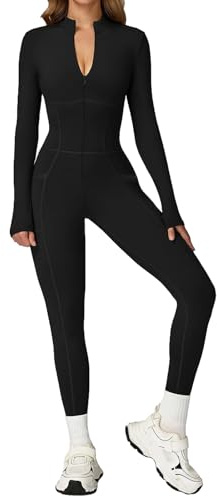 Ecupper Damen Workout Jumpsuit Langarm Ski suit Einteiler | Damen Jumpsuit langarm mit Reißverschluss, Seitentaschen, Optisch schlank machende - formende Kurven, für Sport & Alltag