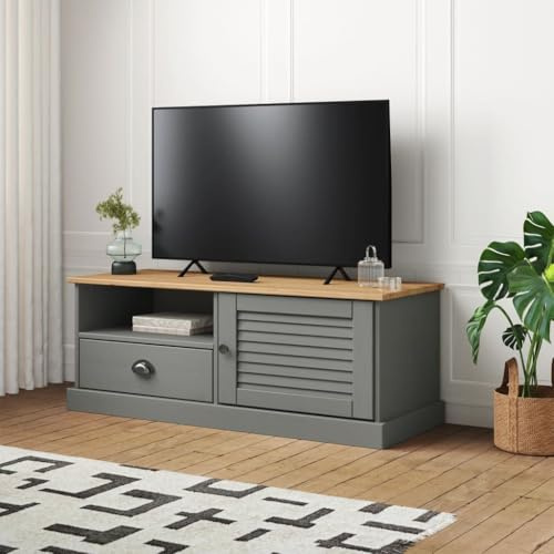 Mhdvray TV-Schrank VIGO Grau 106x40x49 cm Kiefer Massivholz Jalousie-Lowboard mit Schublade & Tür Modernes Design Robust und Pflegeleicht für Wohnzimmer Schlafzimmer Flur