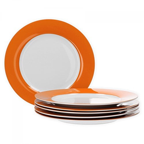 van Well Vario Speiseteller-Set 6-teilig - Tafel-Service für 6 Personen - flache Ess-Teller mit Ø 26,5cm - Porzellan-Service weiß mit Rand in Orange - Teller-Set mikrowellengeeignet
