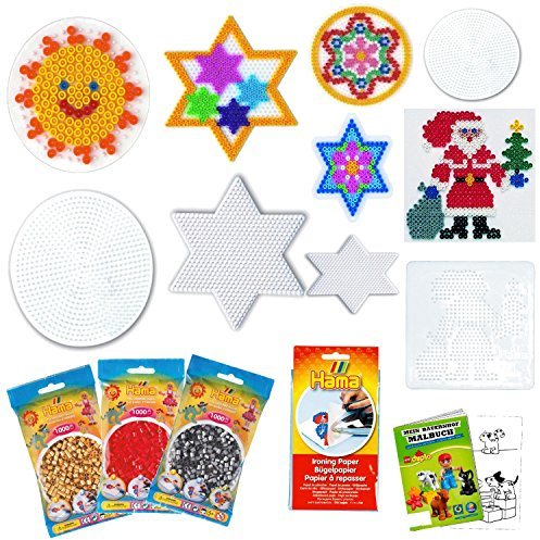 HAMA Stiftplatten-Set midi Weihnachten Nikolaus Weihnachtsmann Stern klein Stern groß Kreis klein Kreis groß Bügelpapier 3000 Bügelperlen rot Silber Gold
