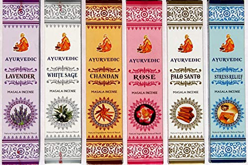 Ayurvedic Lot de 6 bâtons d'encens Masala : Palo Santo, sauge blanche, rose, lavande, chandan (bois de santal), soulagement du stress | encens naturel | 15 bâtons dans chaque paquet