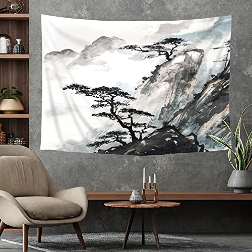 Riyidecor Japanischer Wandteppich, 203 x 152 cm, asiatische chinesische Landschaft, Schlafzimmerdekoration für Männer, Malerei, orientalischer Stil, Tinte, Aquarell, Bergbäume, schwarzer Druck,