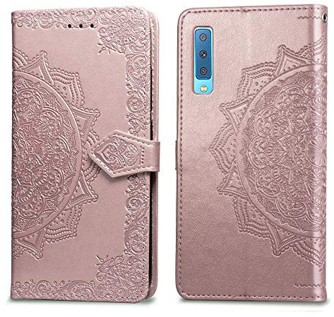 HopMore für Samsung Galaxy A7 2018 Leder Hülle Mandala Muster Samsung A7 2018 Lederhülle Schutzhülle mit Kartenfach Klappbar Silikon Ledertasche Handyhülle Stoßfest Cover - Rose Gold