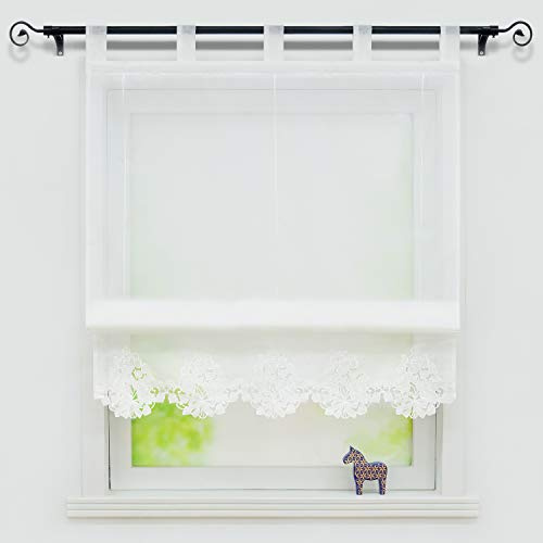 Yujiao Mao Raffrollo Weiß mit Blumenstickerei, Schlaufen, BxH 80x155 cm | Voile-Raffgardine für kleine Fenster, transparente Küchengardine mit Lochstickerei, Sichtschutz, Spitzenbordüre, Wellensaum