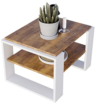 Couchtisch KAJA 63 rechteckiger Kaffeetisch aus Holz Modern Teetisch 63 x 54 x 44cm massiv und stabil (Halifax Eiche/Weiss)