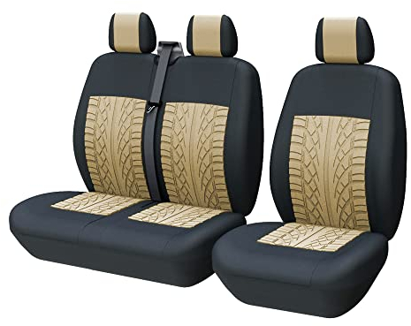 TOYOUN Universal Auto-Sitzbezüge für Transporter LKW Vorn Autositzbezüge 3D-Reifen-Spur-Muster Sitzbezug Fahrersitz + 2er Beifahrersitzbank Schonbezüge Beige