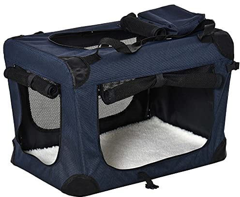 PawHut Foldable Pet Carrier for Small and Miniature Dogs, Portable Cat Carrier Soft Side Pet Travel Crate with Removable Mat, Storage Bags, Breathable Mesh 60 x 41.5 x 41cm - Dark Blue