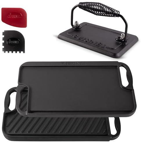 Cuisinel Cast Iron Griddle/Grill + Burger Press + Pan Scrapers - Reversible Pre-Seasoned 16.75 X 9.5-inch Dual Handle Flat Skillet and Griller Pan + Cleaning Accessories - Indoor/Outdoor Stove Safe
