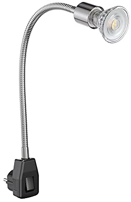 ledscom.de Steckdosenlampe LESCH Leselampe Schwanenhals, Schalter, chrom/schwarz + LED Lampe 510lm 50° warm-weiß