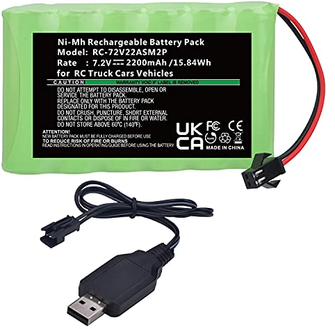 PowerTrust 7.2V NI-MH-Akku, 2200 mAh Wieder aufladbarer RC-Auto-Batterie mit SM-2P-2-Pin-Stecker und 7,2-V-Ladungskabel für ferngesteuerte LKWs, Beleuchtung, Elektrowerkzeuge