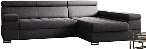 Kreative Furniture & Design Ecksofa mit Schlaffunktion Paulo Sofa l Form, Federkern, Schlafsofa Kopfteil, und Bettkasten, 260x162, Form Ottomane Rechts, Inari 94 + Schwarz Eco (P-10a,10b), PauloF
