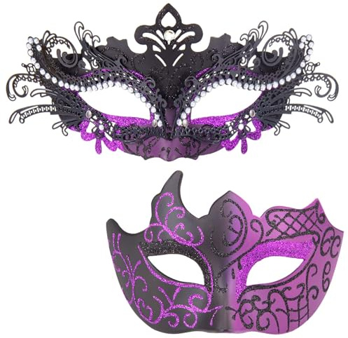 MYSEUNI Maskerade Masken für Paare – Glänzende Strass Metall Filigrane venezianische Maske & Herren Venezianische Maske für Karneval