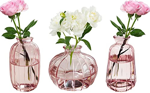 KMERCE Vasen 3er-Set Kleine Blumenvasen aus Glas Rosa, Mini-Vasen Glasfläschchen, Moderne Home Decor, Vasen Decor für Tischmitte, Hochzeit, Schlafzimmer, Taufe, Geburtstag, Geschenk zum Muttertag