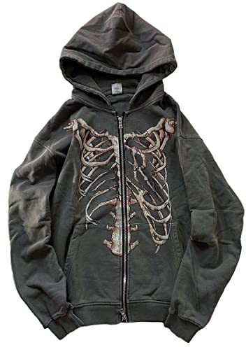 MLAFE Gothic Hooded Sweater Retro Bone Print Hooded sweatshirt Y2K zip-up jacket Grunge Hooded Sweater Harajuku upper garment (XL)