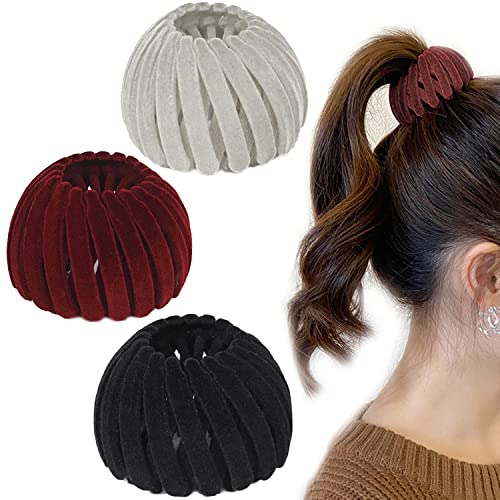 Luvadeyo 3-teiliger einziehbarer Horsetail Clip, Faule Samt Panel Haarnadel, Retro geometrische einziehbare Vogelnest Haarnadel,Wildleder Schwarz/Grau/Rot