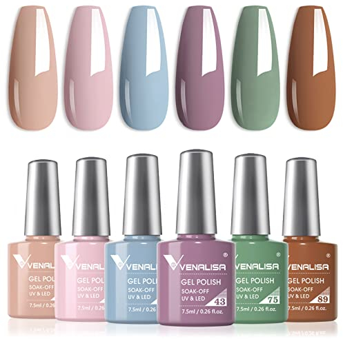 VENALISA Nude Gel Nail Polish Set 6 colors nude Skin Tones pink purple green brown All Season Soak off Nail Lamp 7.5ml for Starter Manicure Nail Art Salon