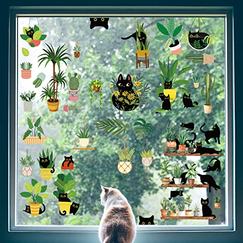 PLIGREAT 6 Blatt Grüne Pflanzen Niedlich Katzen Fensterbilder für Kinderzimmer Selbstklebend Fenstersticker Wohnzimmer Dusche Glas Fensterdeko DIY Fensteraufkleber Vogelschutz