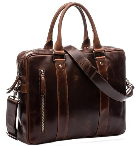 SID & VAIN Laptop Bag Stoked Large Business Briefcase Real Leather 15,4 Laptop Portable Satchel Leather Bag Men´s Bag Brown