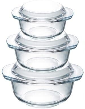 Juego de 3 platos de cacerola de vidrio con tapa, 1+1.4+1.7L plato de cazuela de tapa redonda y manijas a prueba de horno, microondas