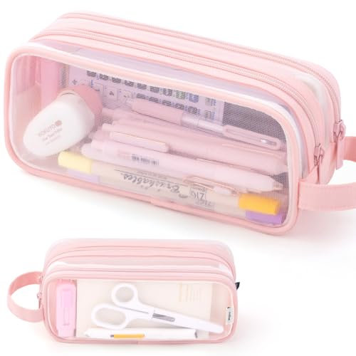 ANGOOBABY Grande trousse à crayons en maille à 2 compartiments - Transparente - Multifonction - Pour adolescents, étudiants, universitaires, affaires, voyages, bureau, adultes - Rose