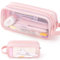 ANGOOBABY Grande trousse à crayons en maille à 2 compartiments - Transparente - Multifonction - Pour adolescents, étudiants, universitaires, affaires, voyages, bureau, adultes - Rose