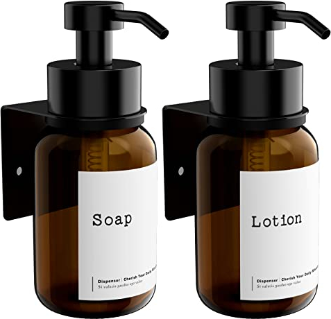 TEHEO Seifenspender Wandbefestigung | Moderner Glas Seifenspender 250ml | Kleben oder Bohren | Flüssigseifenspender für Handseife Shampoo Spülmittel Duschgel [2 Stück]