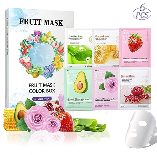 6 Stück Gesichtsmasken Set Probuk 6 Typen Frucht Gesichtsmaske, Feuchtigkeitsspendende Tuchmasken Gesicht, Masken Beauty, Daily Care für Jeden Hautzustand Strahlende Haut und Einen Glow-Effekt