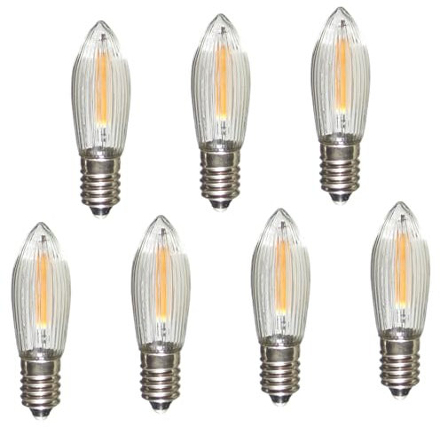 Erzgebirgslicht - AUSWAHL - 7 Stück LED Filament Topkerze 14-55 V 0,1 W für INNEN, für 4-16 Brennstellen E10 Riffelkerze Ersatzbirne Glühbirne Glühlämpchen für Lichterketten Pyramide Schwibbogen