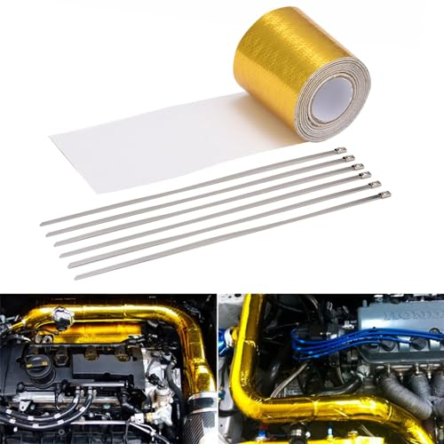 Blueshyhall Cinta de protección térmica para escape, 5 m x 5 cm, resistente al calor, soporta hasta 450 grados Celsius, cinta de escape autoadhesiva con 6 bridas para coche, moto, colector (dorado)