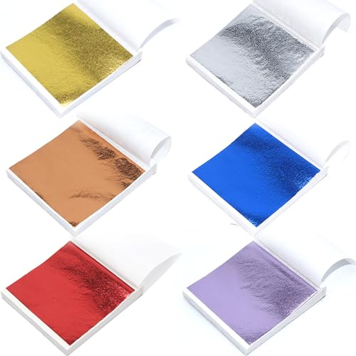 XUEHOU Blattgold zum Basteln 60 Blatt Blattgold Set Imitation Blattgold Gold und Silber Papier Goldpapier zum Basteln Dekoration Gold Leaf 6 Farben für DIY Nagelkunst Gemälde Handbuch Wand
