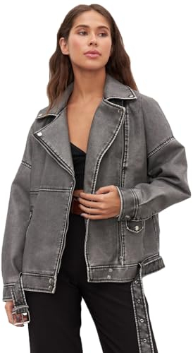 LY VAREY LIN Damen Kunstlederjacke, Reverskragen, Motorradjacke, Reißverschluss, langärmelig, Bikermantel mit Gürtel, 2358 Grau, Medium