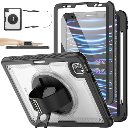 SEYMAC stock Hülle für iPad Air 5./4. Generation 10,9'' & Pro 11'' 2022-2018, Stoßfeste Hülle mit Displayschutz, Stifthalter, 360° Drehbarer Ständer/Handschlaufe & Schultergurt, Klar/Schwarz