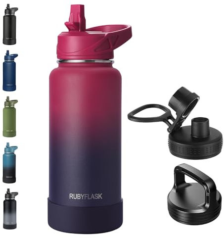 RUBYFLASK 32oz Insulated Water Bottle with Straw, Stainless Steel Metal Vacuum Water Flask, Large Thermal Water bottle with Leakproof 3 Lids for Travel, Camping, Gym Sports Dark Rainbow