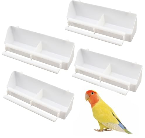 Lezevn 4 Pieces Bird Cage Feeder White Plastic Bird Food Bowl Hanging Parrot Water Food Feeding Bowls with Compartment Standing Rods Bird Food Dispensers for Small Birds Canary Sparrow