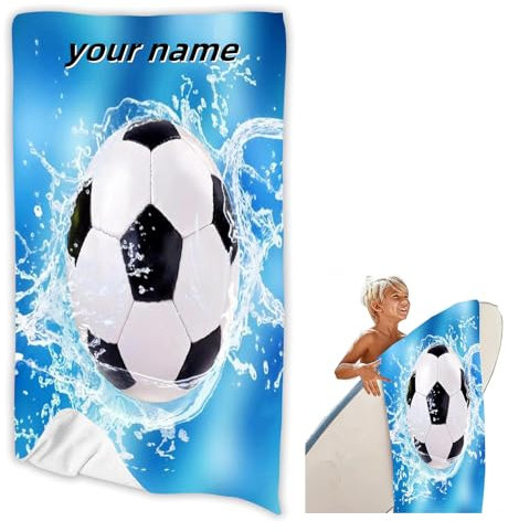 SHROUDEX Personalisiert Fußball Strandtuch Mit Namen, Personalisiertes Fußball Handtuch Mit Namen Mikrofaser Badetuch Fußball Für Kinder Jungen (1,80 x 160 cm)