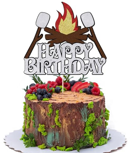 FmiyunEea Camping Theme Happy Birthday Cake Topper, Campfire Design Party Decoration (camp)