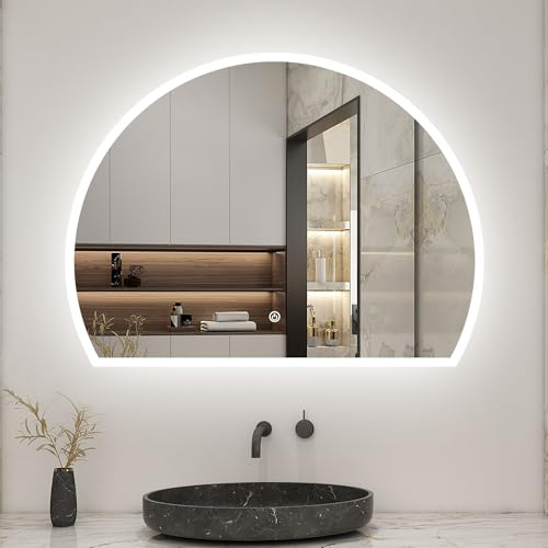 Biubiubath LED Badspiegel 80x60cm Halbrund Badspiegel mit Beleuchtung Anti-Beschlag Wand/Touchschalter 3 Lichfarbe Dimmbar Kalt/Neutral/Warmweiß Badezimmerspiegel Lichtspiegel IP44