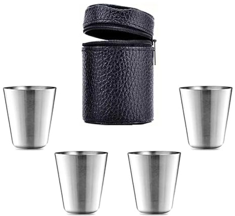 JinliangGuo 5Pcs Mini Portable Stainless Steel Drinking Cup Set Camping Metal Shot Glass Set Shot Drinking Outdoor Travel Shot Cups with Black Leather Case for Outdoor Drinking