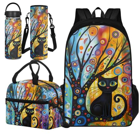 TOADDMOS Cadeaux de rentrée scolaire pour filles et garçons - 4 sacs à livres avec manchon pour bouteille d'eau portable - Bouteille d'eau en acier inoxydable, Arbre à chat noir, S, Ensemble cartable