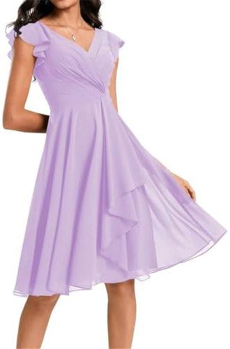 Damen Kurz Brautjungfernkleider Chiffon V-Ausschnitt Cocktailkleider mit Taschen, Flieder, 46
