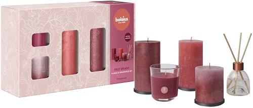 Bolsius Rustic Pillar Candles with Reed Diffuser and Scented Candle - Gift Set of 5 - Fruit Splash - Pomegranate - Decorative - Long Burning Time - Includes Natural Vegan Wax